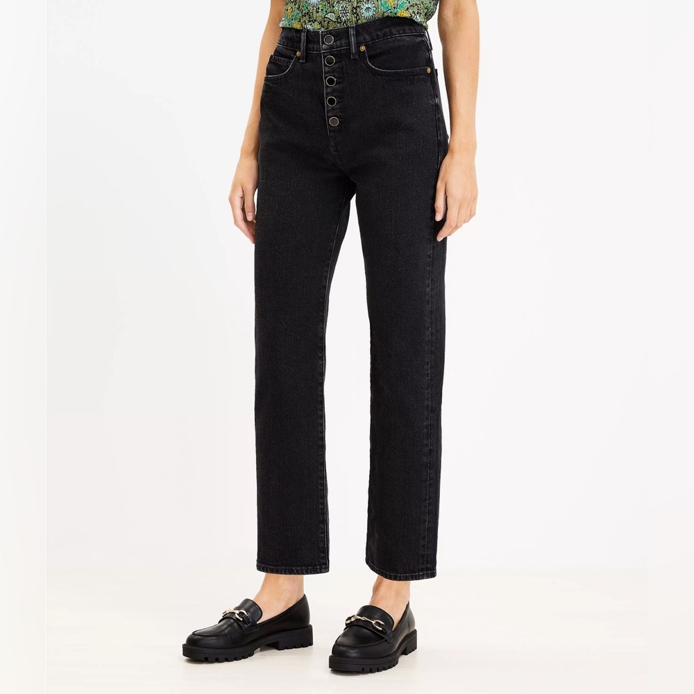 Loft Curvy Button Front 90s Straight Jeans in Black